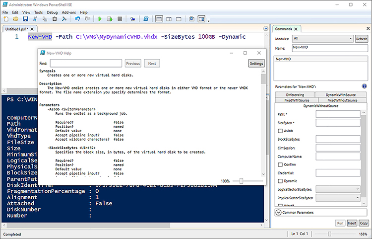 A screen shot shows the help displayed for the cmdlet New-VHD in the Windows PowerShell ISE console. In the center of the screen is a pop-up dialog box displaying detailed help for the New-VHD cmdlet, with Synopsis and Syntax. On the right side of the Windows PowerShell ISE is a Commands search pane with the word vhd entered in the Name box and the New-VHD cmdlet highlighted below it in the results area.