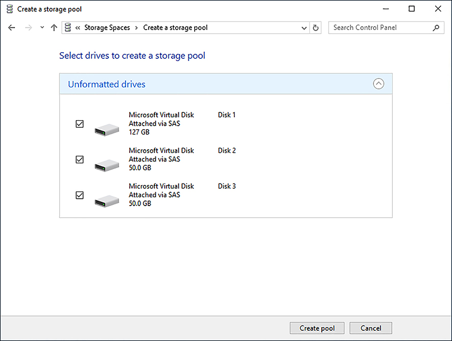 A screen shot shows the Create A Storage Pool dialog box. There are 3 SAS drives on the screen, all unformatted drives, containing two SAS drives. Next to each drive is a check box. The three unformatted drives are selected.