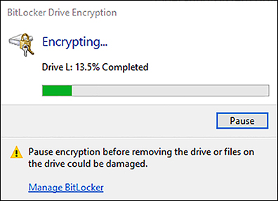 A screen shot shows the BitLocker Drive Encryption dialog box with the progress indicator displaying Drive L: 13.5% Completed. On the right side is a Pause button.