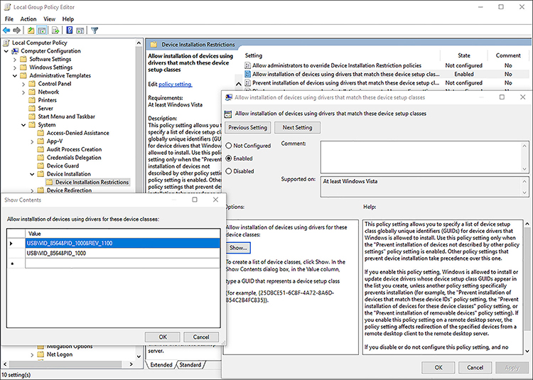 A screenshot shows the Group Policy settings for the Allow Installation Of Devices That Match Any Of These Device IDs node. On the right side of the screen is the policy setting, enabled; the Show button is selected. On the left is a pop-out screen titled Show Contents that displays values corresponding to Device IDs.