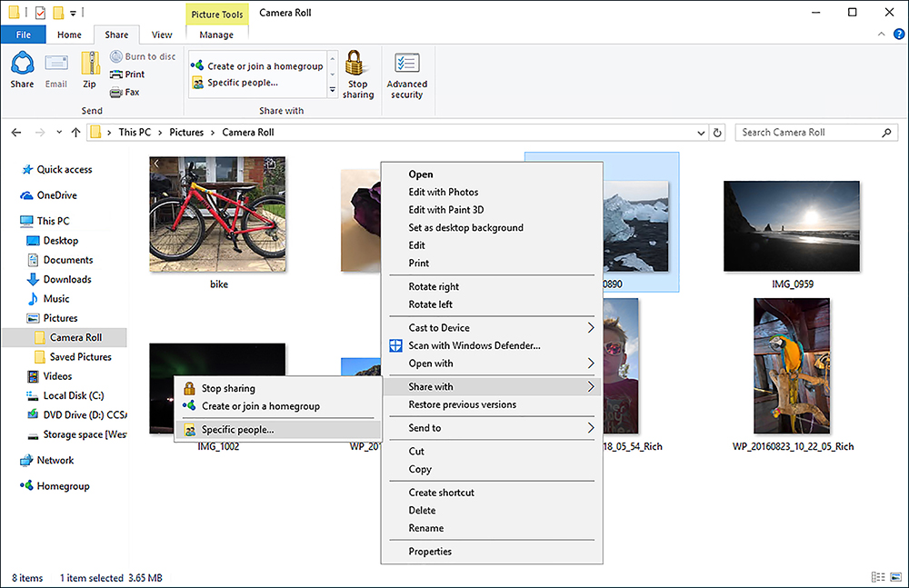 A screen shot shows several selected picture files in the user profile. The context menu is shown with the Share With menu selected and the fly-out menu listing Stop Sharing, Create or join a HomeGroup and Specific People (selected).