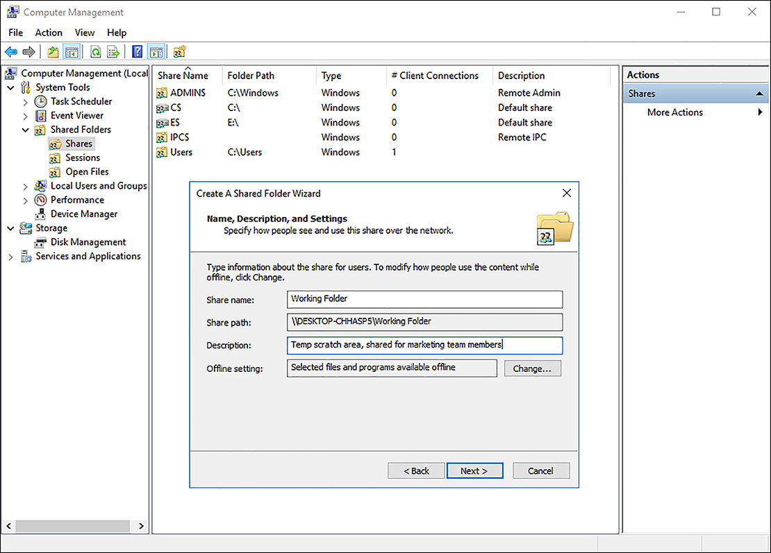 A screen shot shows the Create A Shared Folder Wizard with the Computer Management console in the background. The Create A Shared Folder Wizard displays the share name, share path, description, and offline setting status. The user can modify the settings or click Next to continue.