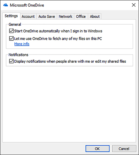 A screenshot shows the OneDrive settings in the desktop app. There are five tabs: Settings, Account, Auto Save, Network, and About. The Settings tab is in view and shows a General area with two options: Start OneDrive Automatically When I Sign In To Windows, and Let Me Use OneDrive To Fetch Any Of My Files On This PC. Below that is a Notifications area with a Display Notifications When People Share With Me Or Edit My Shared Files check box, which is selected.