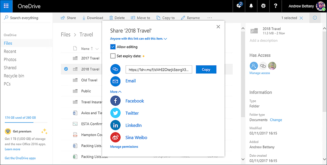 A screen shot shows the OneDrive web portal displaying the sharing options for sharing a folder called “2018 Travel”. In the center of the screen is the pop-up dialog box with the name of the share folder; below are two options: to get a link (shown as an icon of two links in a chain) and Email. There is also links to Facebook, Twitter, LinkedIn and Sina Weibo and below these options is the Manage Permissions link.