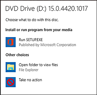 A screen shot shows the available options: Run Setup.exe, Open Folder To View Files, and Take No Action.