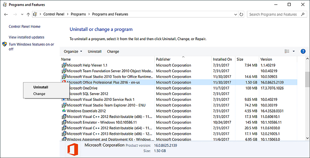 A screen shot shows the Programs And Features app in Control Panel. Selected is the Microsoft Office Professional Plus 2016 – en-us app, published by Microsoft Corporation. Many other desktop apps are listed. Options to perform on the selected app are Uninstall and Change.