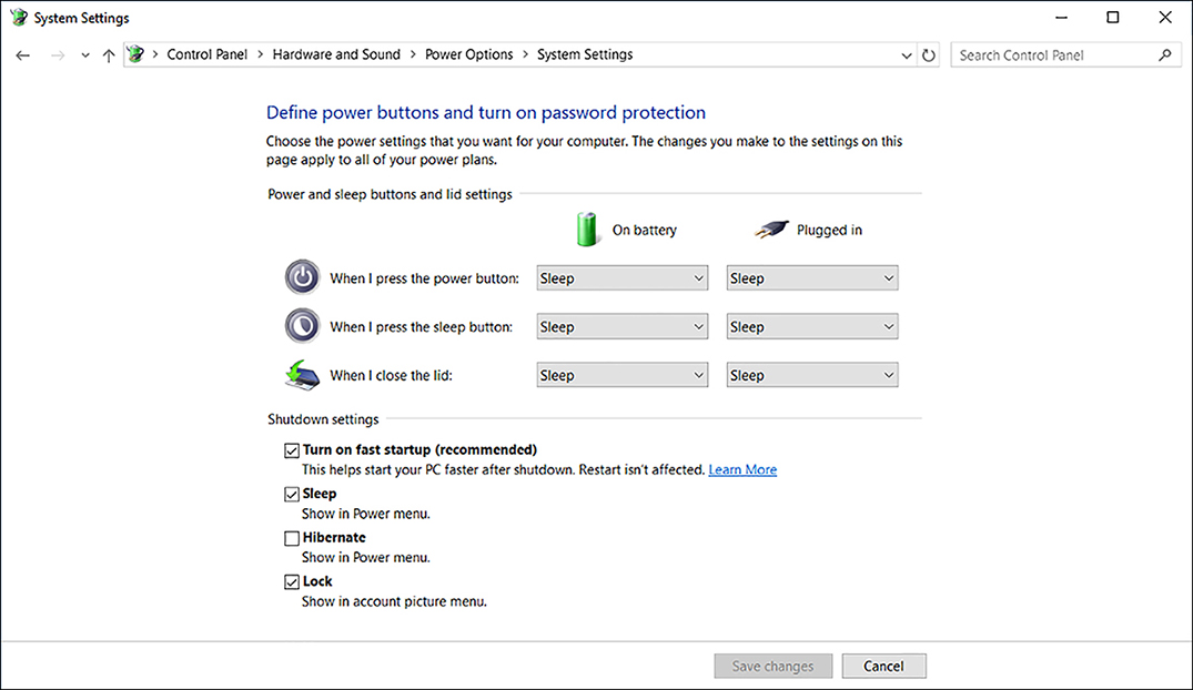 A screen shot shows System Settings in Power Options for a Windows 10 power plan. Configurable options displayed beneath the Shutdown Settings header are: Turn On Fast Startup (Recommended) (enabled), Sleep (enabled), Hibernate (disabled), and Lock (enabled).