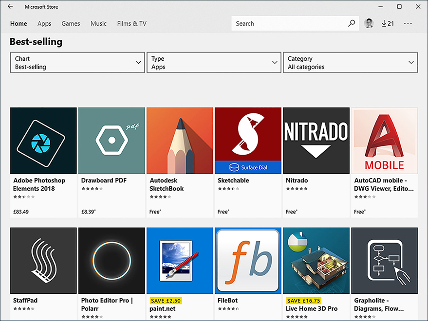 A screen shot shows the Microsoft Store best-selling apps page displaying a number of apps.