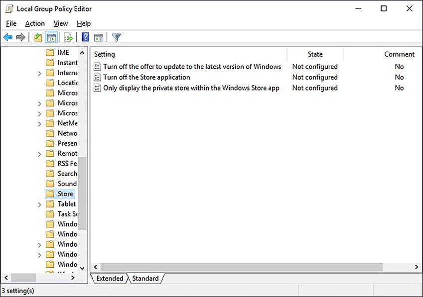 A screen shot shows the Local Group Policy Editor. The Turn Off The Store value is shown in the User ConfigurationAdministrative TemplatesWindows ComponentsStore path and is currently set at Not Configured.