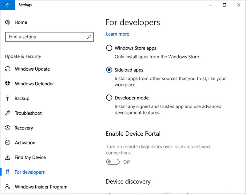 A screenshot shows the For Developers tab in the Update & Security settings app. Available options are Windows Store Apps, Sideload Apps (selected), and Developer Mode.