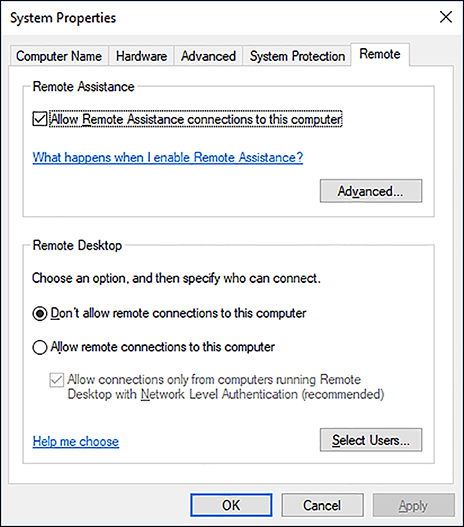 A screen shot shows the Remote tab of the System Properties dialog box. Under Remote Assistance, Allow Remote Assistance Connections To This Computer is enabled. Under Remote Desktop, Don’t Allow Remote Connections To This Computer is selected.