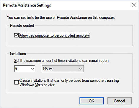 A screen shot shows the Remote Assistance Settings dialog box. The Allow This Computer To Be Controlled Remotely setting is enabled. Set The Maximum Amount Of Time Invitations Can Remain Open is set to 6 hours. Create Invitations That Can Only Be Used From Computers Running Windows Vista Or Later is disabled.