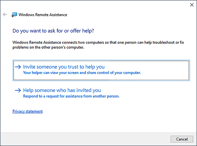 A screen shot shows the Do You Want To Ask For Or Offer Help page of the Windows Remote Assistance Wizard. Two options are shown: Invite Someone You Trust To Help You and Help Someone Who Has Invited You.
