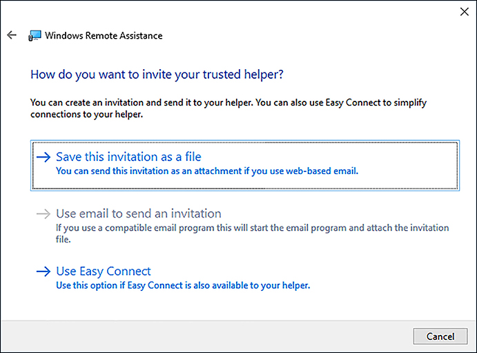 A screen shot shows the How Do You Want To Invite Your Trusted Helper page of the Windows Remote Assistance Wizard. Three options are shown: Save This Invitation As A File, Use Email To Send An Invitation, and Use Easy Connect. Use email is not available as the local machine is not configured with an email account.