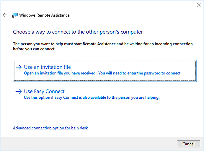 A screen shot shows the Choose A Way To Connect To The Other Person’s Computer page in the Windows Remote Assistance Wizard. Available options are Use An Invitation File, Use Easy Connect, and Advanced Connection Option For Help Desk.