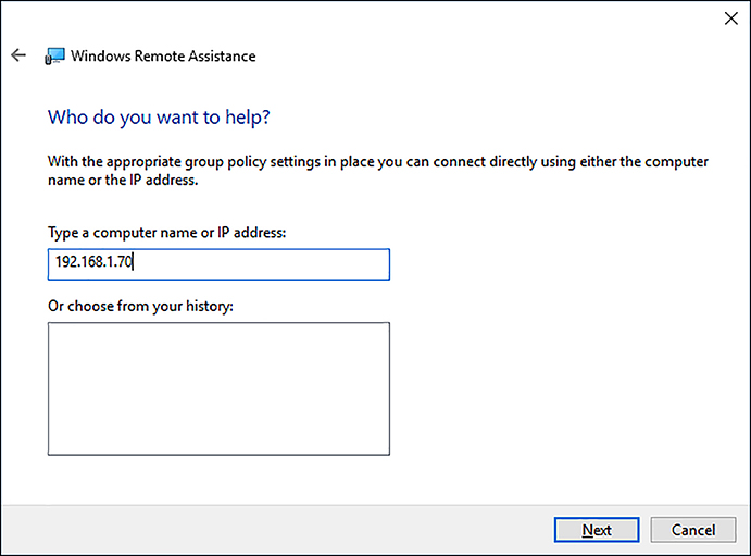 A screen shot shows the Who Do You Want To Help page of the Windows Remote Assistance Wizard. A text box labeled Type A Computer Name Or IP Address is shown with the 192.168.1.70 IP address entered.