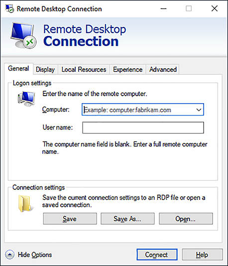 A screen shot shows the General tab of the Remote Desktop Connection dialog box. Under the Log-on Settings heading, a Computer box and Username box are shown. Beneath the Connection settings heading, Save, Save As, and Open buttons are shown. Also shown are the Connect and Help buttons.