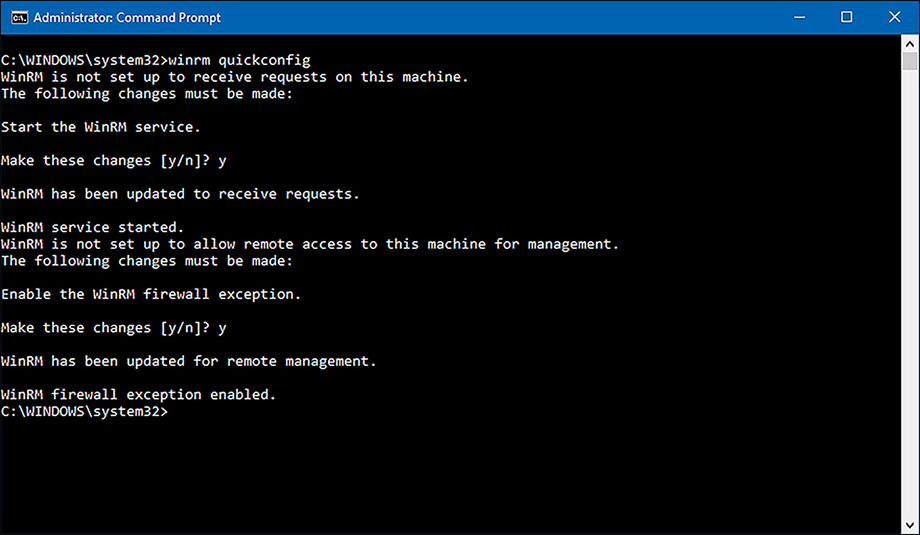 A screen shot shows the result of running the winrm quickconfig command in an elevated command prompt.