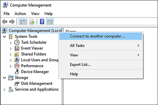 A screen shot shows the Computer Management snap-in with the focus on the Local computer. The administrator has right-clicked the Computer Management (Local) node and chosen Connect to another computer.