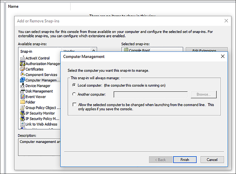 A screen shot shows the Computer Management dialog box overlaid on the Add Or Remove Snap-ins dialog box. The user is pointing the Computer Management snap-in to another computer. Another Computer is selected, but the computer name is not yet entered.
