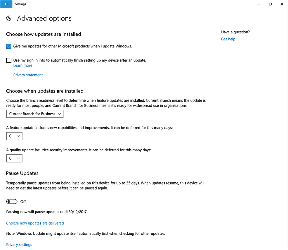 A screen shot shows the Advanced options screen. There are three sections of settings, Choose How Updates Are Installed, Choose When Updates Are Installed and Pause Updates. Under the Choose How Updates are Installed, the tick box for the Give Me Updates For Other Microsoft Products When I Update Windows is checked. The Choose When Updates Are Installed option is set to Current Branch, with nothing deferred, and the Pause Updates is Off.