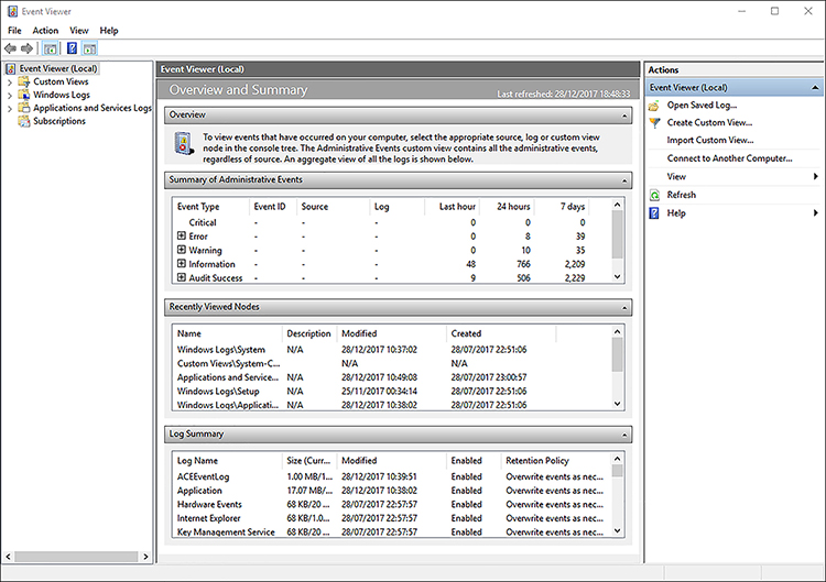 A screen shot shows the Event Viewer default Microsoft Management Console, which details local events. In the left pane are four nodes, Custom Views, Windows Logs, Applications And Services Logs, and Subscriptions. In the central pane are the overview and the summary, which lists a summary of the recent administrative events.