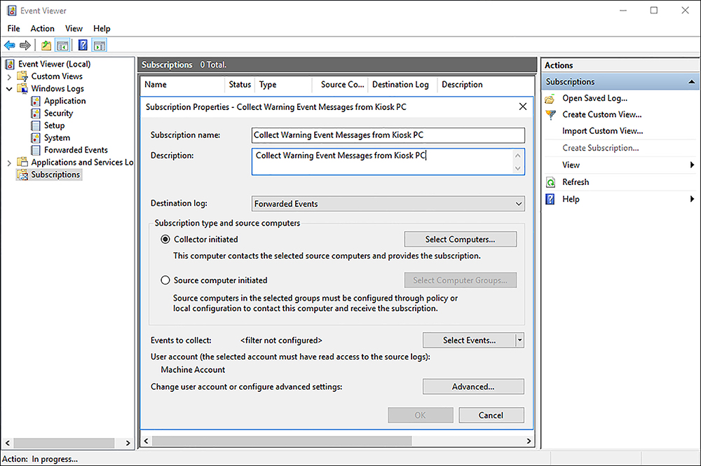 A screen shot shows Event Viewer with the Subscription Properties dialog box open. The dialog box displays the subscription name and log location and has two option buttons, one to select Collector Initiated subscriptions and the other to select Source Computer Initiated subscriptions.