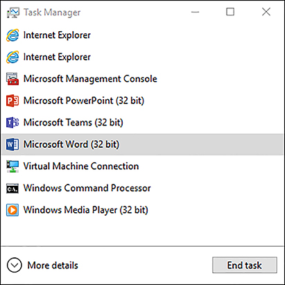 A screen shot shows the Task Manager screen, listing ten running applications, including Microsoft Word (32 bit), which is selected. In the bottom left corner is a downward arrow with the label More Details, and the right side shows an End Task button.
