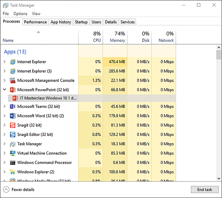 A screen shot shows Task Manager in detailed view with seven tabs: Processes, Performance, App History, Startup, Users, Details, and Services. The Processes tab is open. The screen shows all the apps and background processes running and, on the right side, a colored grid showing the activity data for CPU, Memory, Disk, and Network. In the bottom left corner is an upward pointing arrow with the label Fewer Details; the right side shows an End Task button.