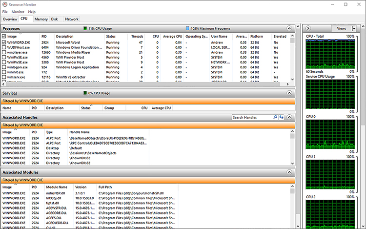 A screen shot shows Resource Monitor with five tabs along the top: Overview, CPU, Memory, Disk, and Network. The image Winword.exe is filtered on the CPU tab, and information relating to the Winword.exe image appears in the central pane. On the right side are small activity graphs for CPU usage.