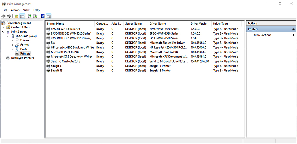 A screen shot shows the Print Management console. The screen is split into three panes. In the left pane are listed nodes for Custom Filters, Print Servers, and Deployed Printers. The central pane lists Printers with several columns of information, including Printer Name, Queue Status, Jobs In Queue, Server Name, Driver Name, Driver Version and Driver Type. In the right pane is the Action menu.