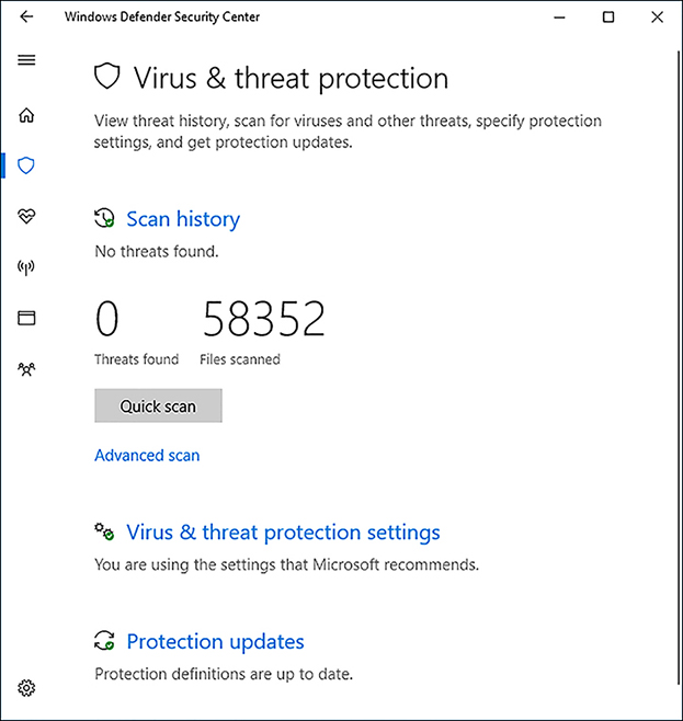 A screen shot shows the Windows Defender Security Center Home screen with three area, Scan History, Virus and threat protection settings and Protection Updates. The Scan history shows not threats found and 58352 files scanned. Below this the Virus and threat protection settings reports that the recommended settings are being used, and below this Protection updates reports the definitions are up to date.