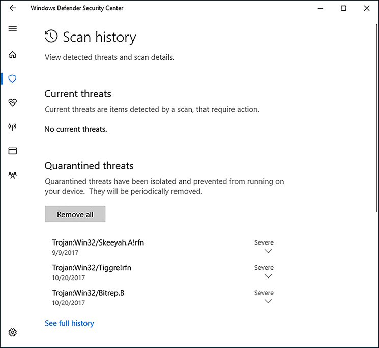 A screen shot shows the Windows Defender Security Center screen with the Scan History active. In the top of the screen is Current Threats, and below are Quarantined files with a list of 3 Trojans detected and marked as Severe and date when the threat was detected. Beneath this is a link to See Full History.