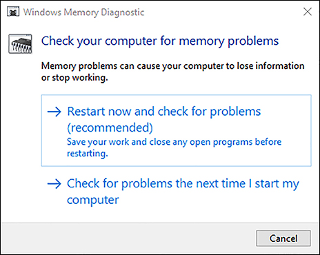 A screen shot shows the Windows Memory Diagnostic screen. The screen shows two options: Restart Now And Check For Problems (Recommended) or Check For Problems The Next Time I Start My Computer.