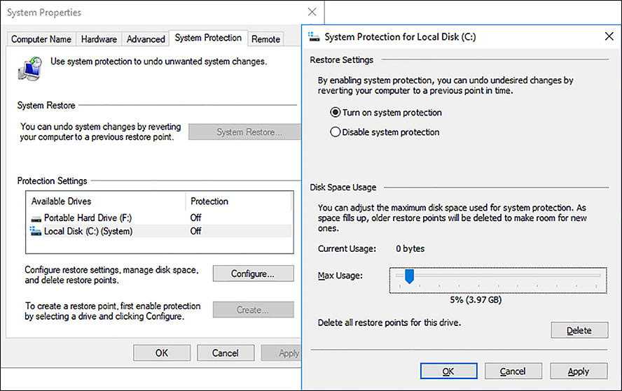 Two screen shots are shown. In the background is a screen shot of the System Properties dialog box and in the foreground is the System Protection For Local Drive (C:). In the top half of the dialog box is the Restore Settings with the Turn On System Protection option selected. Below this is the Disk Space Usage option with a slider allowing you to configure the amount of disk drive space to allow for Windows to store the System Restore points.