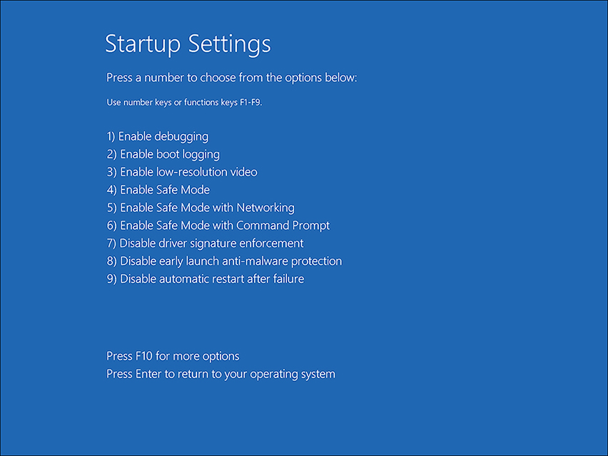 A screen shot shows the list of options for startup settings, in a list numbered from 1 to 9, including Enable Debugging Mode, Enable Boot Logging Mode, Enable Low-Resolution Video Mode, Enable Safe Mode, Enable Safe Mode With Networking, Enable Safe Mode With Command Prompt, Disable Driver Signature Enforcement, Disable Early Launch Anti-malware Protection, Disable Automatic Restart On System Failure.