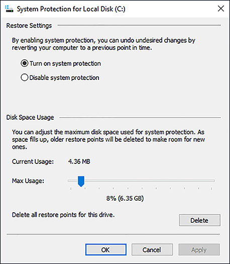 A screen shot shows the System Protection For Local Disk (C:) dialog box. In the top half of the dialog box is Restore Settings with Turn On System Protection selected. Below this is Disk Space Usage with Current Usage of 4.36 MB noted. Below this is a slider enabling you to configure the amount of disk drive space that allows Windows to store the System Restore points