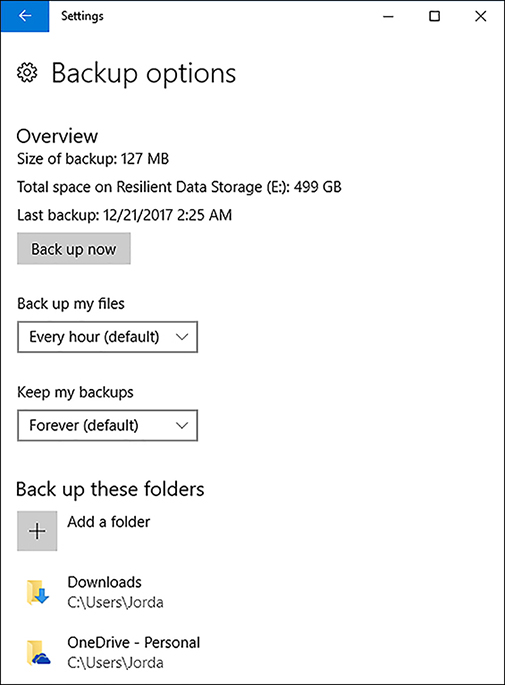 A screen shot shows the File History Backup Options item in the Settings app. At the top of the page, an overview of the backup, its size, and the date appear. In the middle are options to change the schedule, and at the bottom are options for modifying the folders being backed up.
