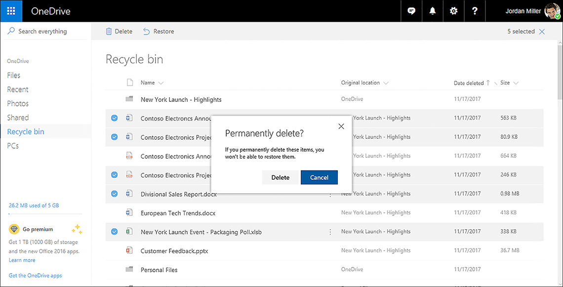 A screen shot shows OneDrive.com Recycle Bin, with the Permanently Delete dialog box shown. This dialog box advises you that if you permanently delete the selected items, you won’t be able to restore them. A Delete button and a Cancel button are available.