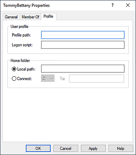 A screen shot shows the Profile tab in the user account Properties dialog box. Options shown are Profile Path, Logon Script, Local Path, and Connect. None are configured.
