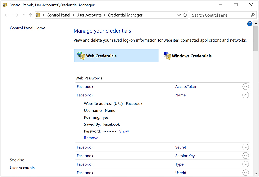 A screen shot shows Credential Manager. A list of Web Passwords appears. An expanded entry for Facebook is shown, with options for Show and Remove.