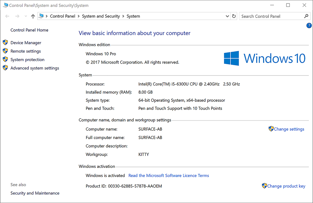 A screen shot shows the System settings dialog box. Available options are Change Settings to access the computer name, domain, and workgroup settings. Windows activation status is also shown.