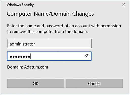 A screen shot shows the Computer Name/Domain Changes Windows Security dialog box. The user has typed the credentials to sign in to the Adatum.com domain.
