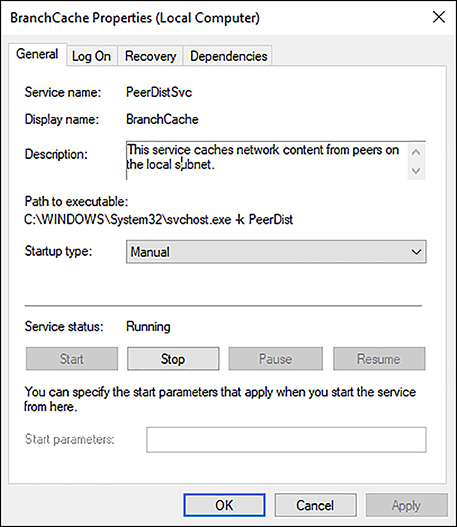 A screen shot shows the BranchCache Properties (Local Computer) dialog box. The General tab appears, and the Startup type of the service is shown as Manual. The Service is not running, so the Start button is available. Three other tabs are accessible: Log On, Recovery, and Dependencies.