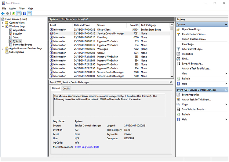 A screen shot shows the Windows System event log. The log is sorted by Date. The selected event shows an error in the Service Control Manager service. Event ID is shown as 7031.