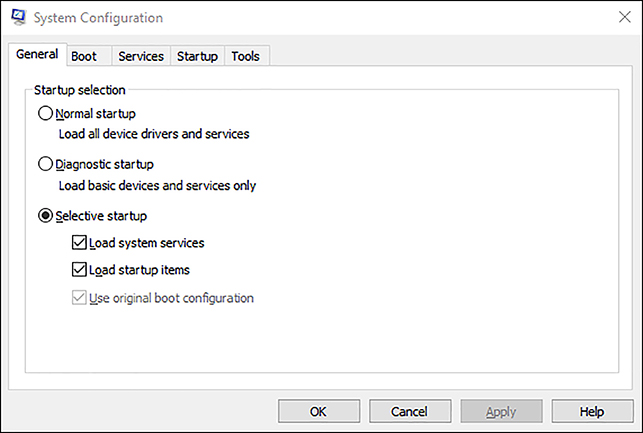 A screen shot shows the General tab of the System Configuration tool. Startup Selection is configured as Selective Startup. Other choices are: Normal Startup and Diagnostic Startup. Also shown are the Boot, Services, Startup, and Tools tabs.