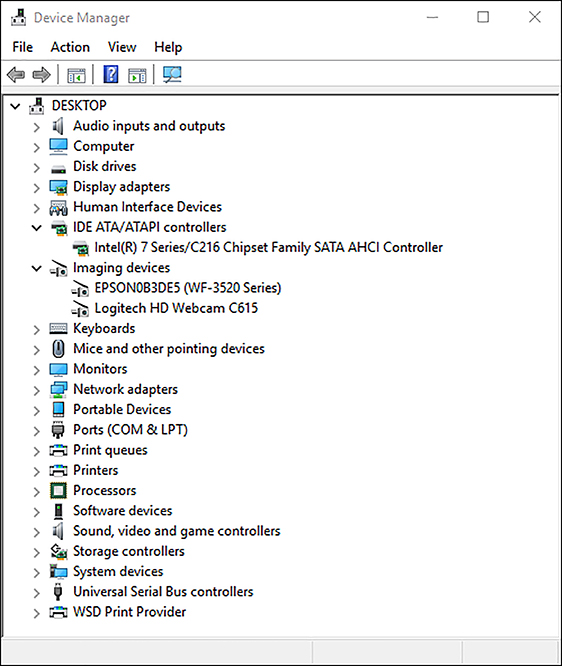 A screen shot shows Device Manager with a list of devices sorted alphabetically. The IDE ATA/ATAPI node is expanded, showing one item. The Imaging Devices node is also expanded, showing two available imaging devices, at Epson® scanner and Logitech® webcam.