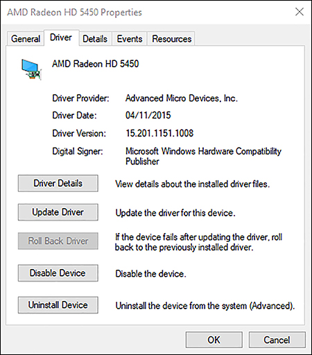 A screen shot shows the AMD® Radeon HD5450 Properties dialog box. The Driver tab is selected. Driver Provider, Driver Date, Driver Version, and Digital Signer are shown. Beneath this, buttons for Driver Details, Update Driver, Roll Back Driver (grayed out), Disable, and Uninstall are available. Additional tabs shown are: General, Details, Events, and Resources.