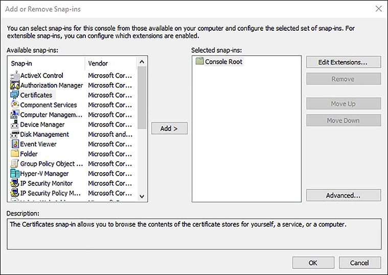 A screen shot shows the Add Or Remove Snap-ins dialog box. The Certificates snap-in is selected in the Available Snap-ins list.