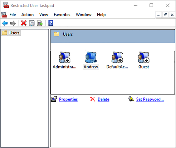 A screen shot shows a customized Taskpad view in the management console. The console shows only four user accounts and three actions that can be performed on each user: Properties, Delete, Set Password.